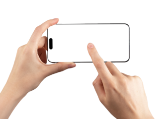 Forefinger clicking play to start video at phone mockup isolated on white background. Woman holding smartphone in horizontal position for watching video. Telephone template.