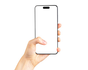 Finger clicking on phone mockup isolated on white background. Smartphone template with empty...