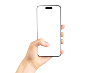 Finger clicking on phone mockup isolated on white background. Smartphone template with empty screen. Woman hand holding android