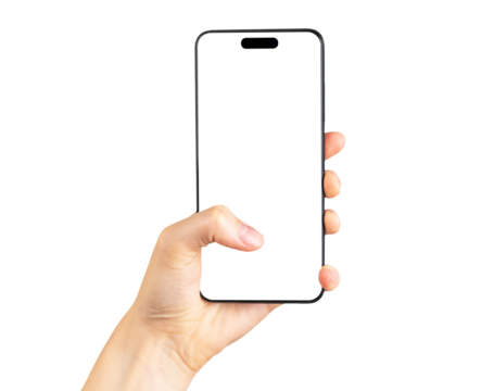 Finger clicking on phone mockup isolated on white background. Smartphone template with empty screen. Woman hand holding android