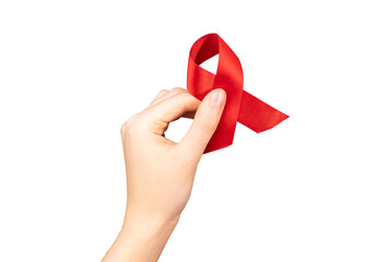Red satin ribbon in hand isolated on white background. HIV and AIDS awareness day symbol. 1...