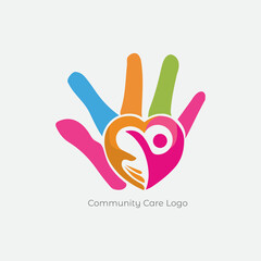 Community care logo concept showing heart in hand with human figure. Logo design vector, illustration.