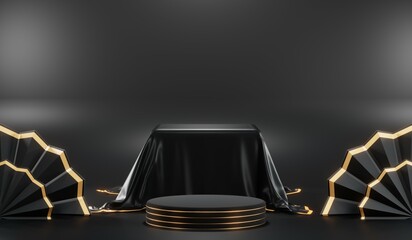 3D rendering of blank product background for cream cosmetics Modern black podium background