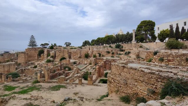 View of the historical landmark Byrsa Hill in Carthage , Tunisia. Unesco World Heritage Site. Archaeological Site of Carthage. Place of historic interest.