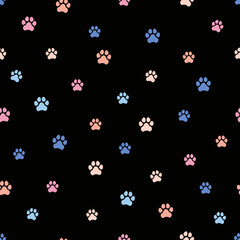 Fototapeta na wymiar Seamless pattern. Dog paw. Vector illustration. Colorful paws ob black background. Texture for print, textile, fabric.
