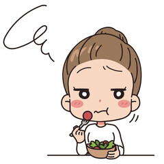 Illustration of a woman eating vegetables, upper body.