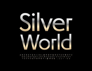 Fototapeta premium Vector metallic emblem Silver World. Stylish Steel Font. Modern Alphabet Letters and Numbers set