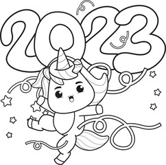 Happy new year coloring book with cute unicorn