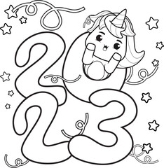 Happy new year coloring book with cute unicorn