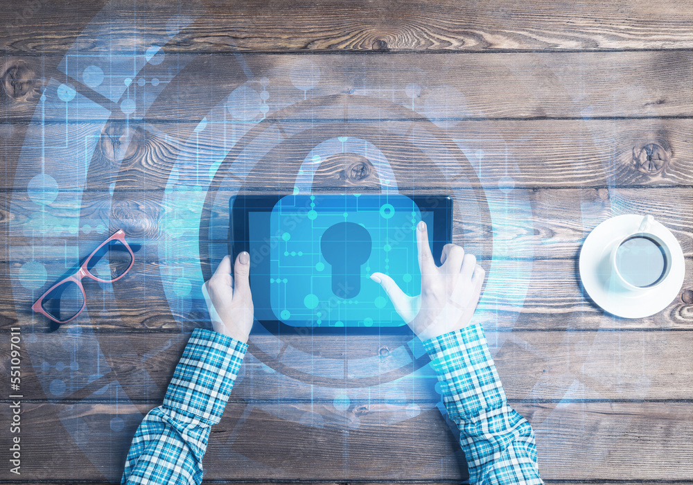 Poster concept of computer access with media lock icon on tablet screen