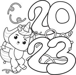 Happy new year coloring book with cute unicorn