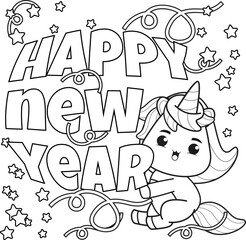 Happy new year coloring book with cute unicorn