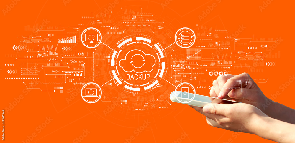 Poster backup concept with person using a smartphone on a orange background