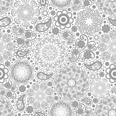 Seamless floral pattern, hand drawn, vector. Grey mandalas, boho style, paisley pattern on white background.