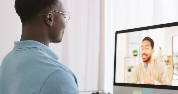 Video call, screen and men with communication, job interview and business, video conference with human resources. Corporate onboarding, conversation with hr and professional discussion on computer.