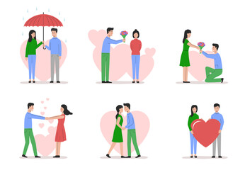 Concept Of Celebrating Valentines Day. Happy Boy And Girl In Love Giving Gifts To Each Other. Guy Makes a Proposal to Girl. Human Relationships, Happiness Love. Cartoon Flat Vector Illustrations Set