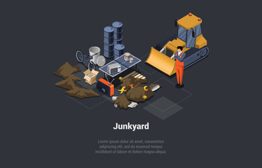 Recycling And Zero Waste Concept. Character At Big Dump With Trash and Rubbish. Organic, Metal, E-Waste, Metal, Plastic Trash. Bulldozer Shovels Garbage At Junkyard Isometric 3d Vector Illustration