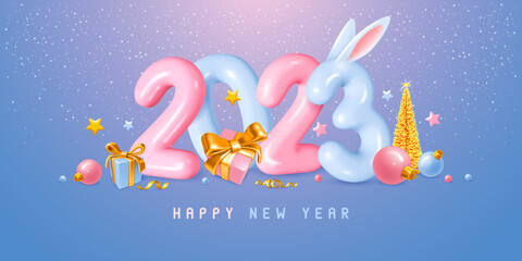 Merry Christmas and Happy New Year 2023. Realistic plastic glossy 3d numbers in cartoon style, decorate with rabbit ears, gifts, balls, festive tinsel on blue background. Vector illustration