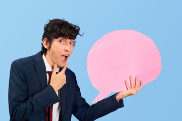 Businessman with dialogue bubble in blank on blue flat lay.