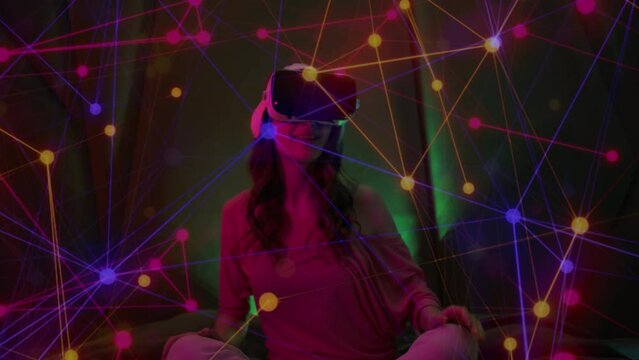 Young Woman Using Virtual Reality Headset Gaming And Entertainment New Technologies Diversity Concept Colorful Illumination