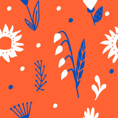 Fototapeta premium Vector seamless pattern with doodle flowers, Ukrainian folk motifs, cute background for textiles, banners, pillows, etc.