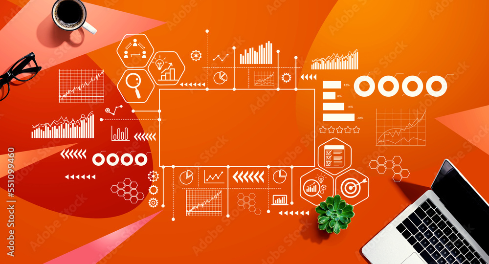 Poster business theme with a laptop computer on a orange pattern background