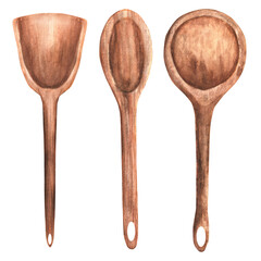 Hand-drawn watercolor wooden kitchen utensils. Spatula and spoons