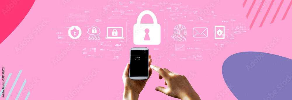 Poster internet network security concept with person using a smartphone