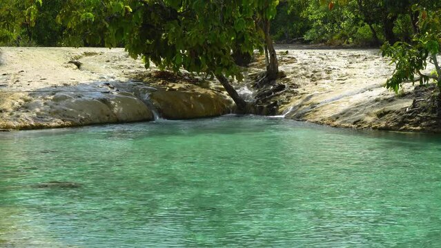 Beautiful crystal clear Emerald Pool, or Sa Morakot, famous natural swimming place and tourist destination, Krabi, Thailand