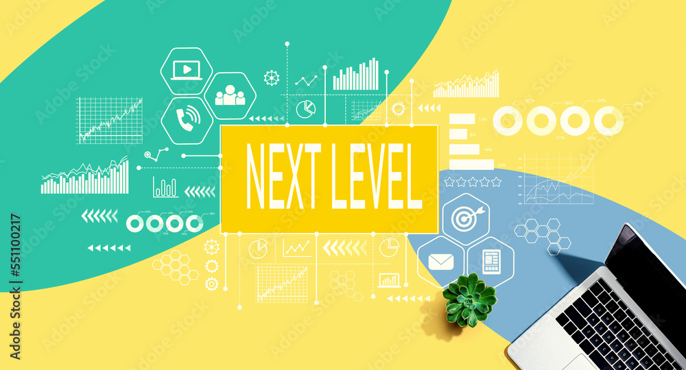Aufkleber next level concept with a laptop computer on a yellow, green and blue pattern background