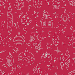Seamless pattern with doodle Christmas baubles vector illustration. Hand drawn Xmas toys. White outline ornaments. Viva Magenta color of the year 2023 Childish line print