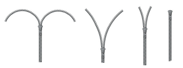 Metal zippers, silver or steel zippers with puller, garment accessories, open or closed garment lock isolated on white background