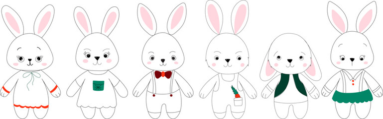 doodle rabbits, hares sketch ,outline isolated vector