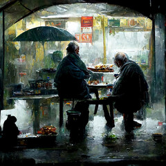 Two guy eating in an Asian street restaurant oil painting