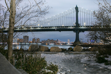 bridge, río, ciudad, New York, night sky, view, Manhattan bridge