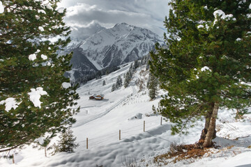 Chalet in den verschneiten Alpen mit Straße durch die Wildnis
