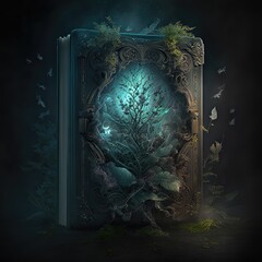 Obraz premium cover and outside of a book filled with fantasy landscape 
