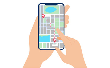 Person hands holding smartphones with open map GPS navigation app. mobile map application.