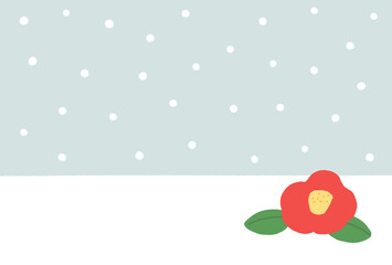 手描きの赤い椿の花と雪の水玉模様がかわいい背景イラスト - 年賀状･寒中見舞いの素材 - はがき比率
