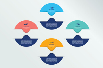 Circle infographic template. Round net diagram, graph, presentation, chart. Connected concept with 4 bubbles, options, steps, parts, text fields, processes.