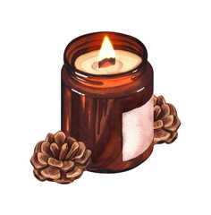 Watercolor Christmas candle brown glass with pine cone decor. Botanical illustration for design. Hand painted cozy composition great for greeting cards, backgrounds, holiday decor