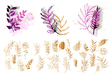 Fototapeta na wymiar Big hand drawn colorful gold and pink plant set. Botanical, chic and trendy plants. Hand drawn lines, elegant leaves for your own design. Flower branch and minimalistic modern plants.