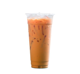 Orange Thai iced condensed milk tea in tall transparent plastic glass isolated on white background with clipping path in png file format