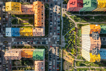 Color houses in modern residential district, aerial view