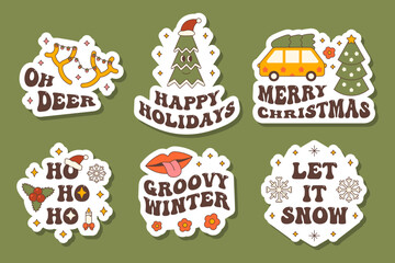 Set of Christmas groovy stickers with phrases. Congratulatory text with design elements on a festive theme.