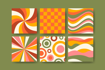 Abstract colorful backgrounds in 70s style set. Retro cover for social media, print design.