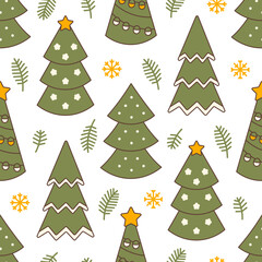 Retro flat green christmas trees seamless pattern on white background.