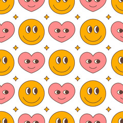 Groove vintage seamless pattern with smile and heart in retro style on a white background.