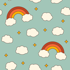 Vintage seamless pattern with rainbow and clouds in the sky in retro style on a blue background.
