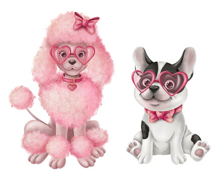 Poodle and french bulldog with heart glasses